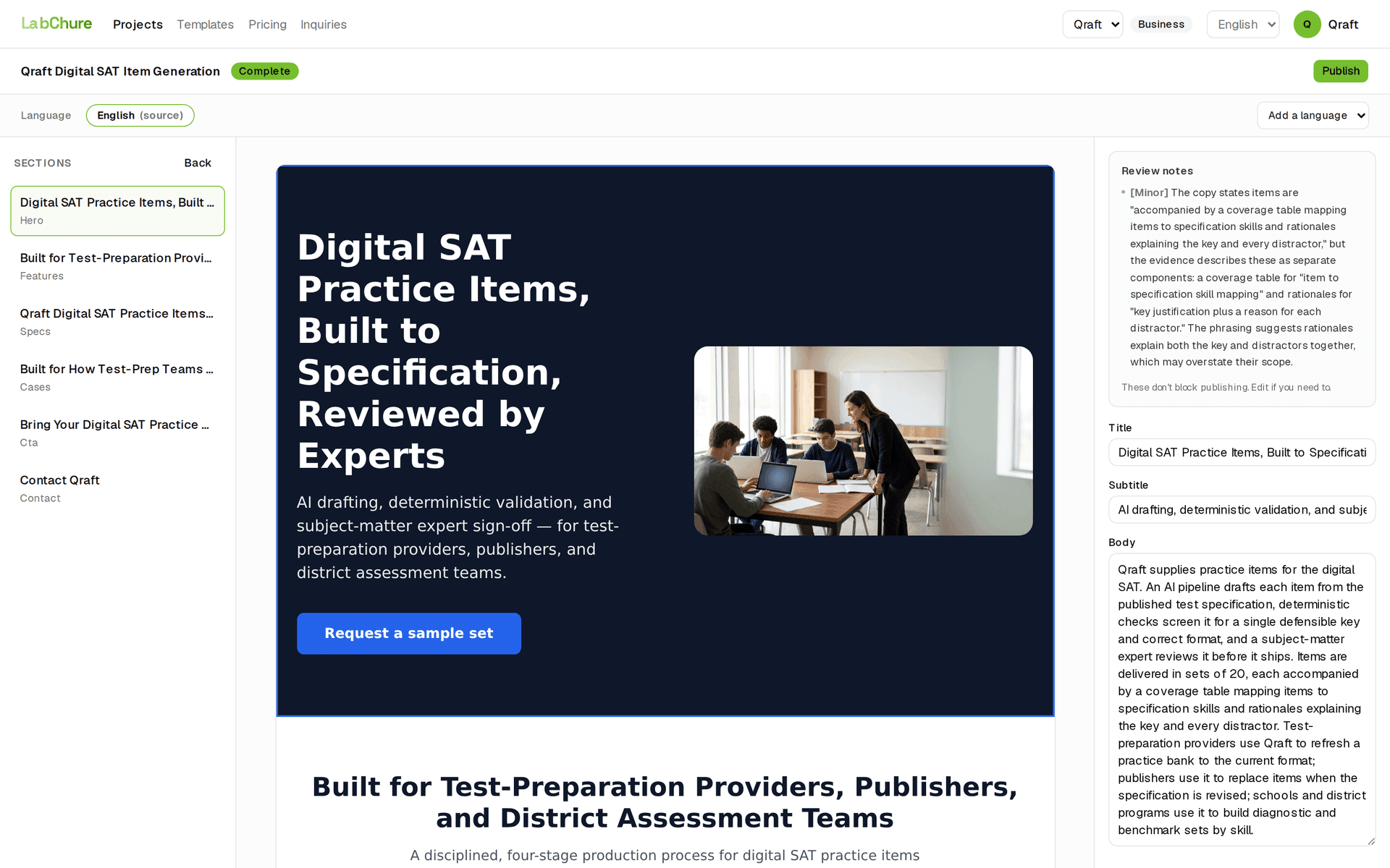The LabChure editor with the Qraft demo brochure open — section list, live preview and the editing panel
